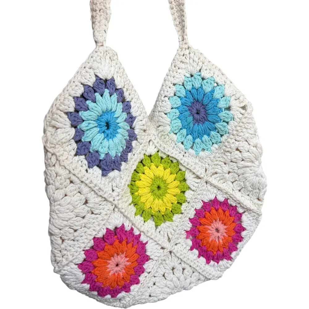 Handmade Granny Square Hobo Shoulder Tote Bag White with Colorful Floral Patten